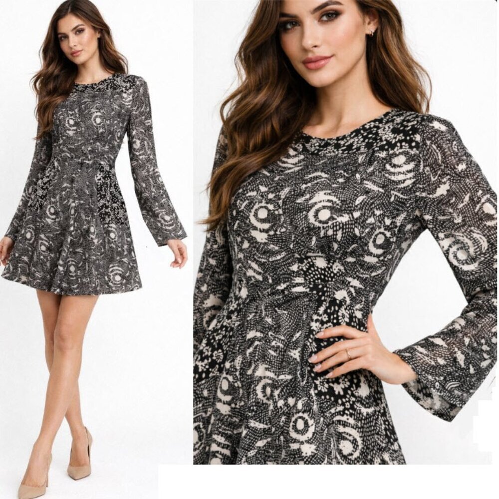 Walter Baker Long sleeve Dress Jessie fit & flare Dress in Black Starburst Print